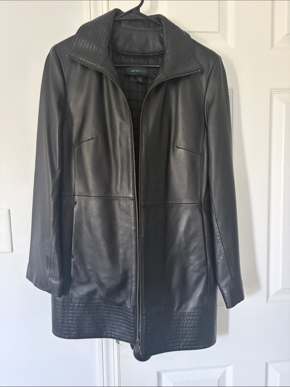 Siena Studio Sleek Black Leather Zip Front Coat